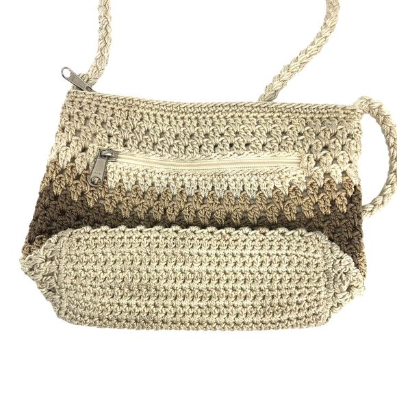 Lina Crocheted Knit Handbag Purse Shoulder Cream Beige Brown Braided Handle - Picture 3 of 10